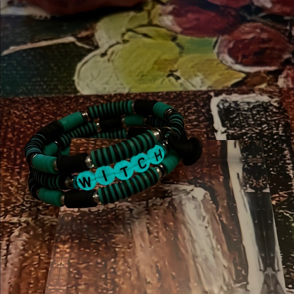 Green and Black Beaded Bracelet with 'WITCH' Lettering and Witches Hat Charm